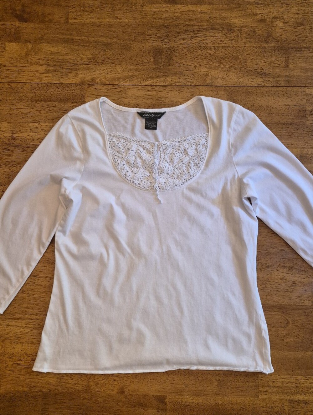 Eddie Bauer White Long-Sleeve Scoop Neck Top with Lace Inset